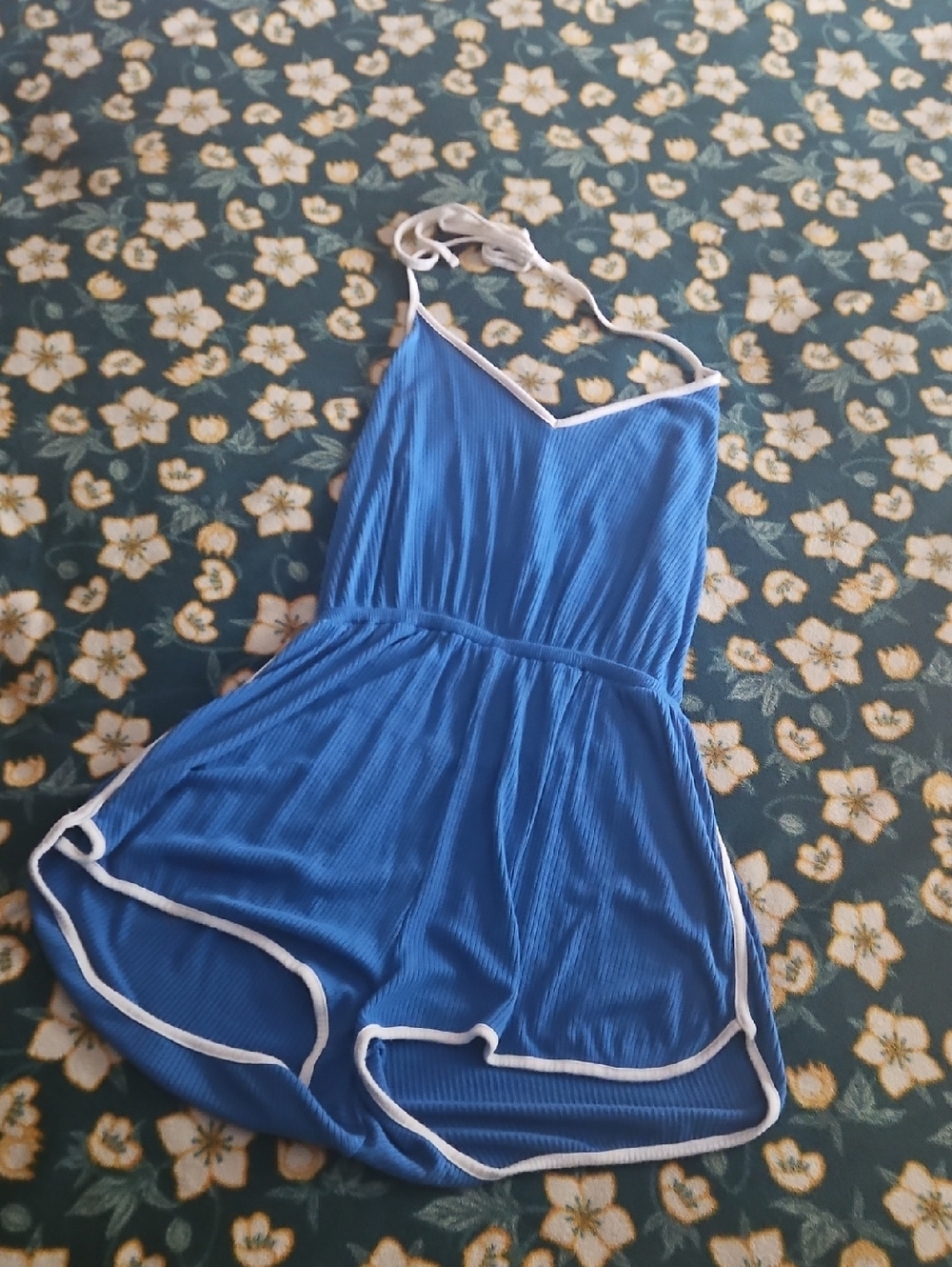 Forever 21 Blue Ribbed Halter Romper with White Trim